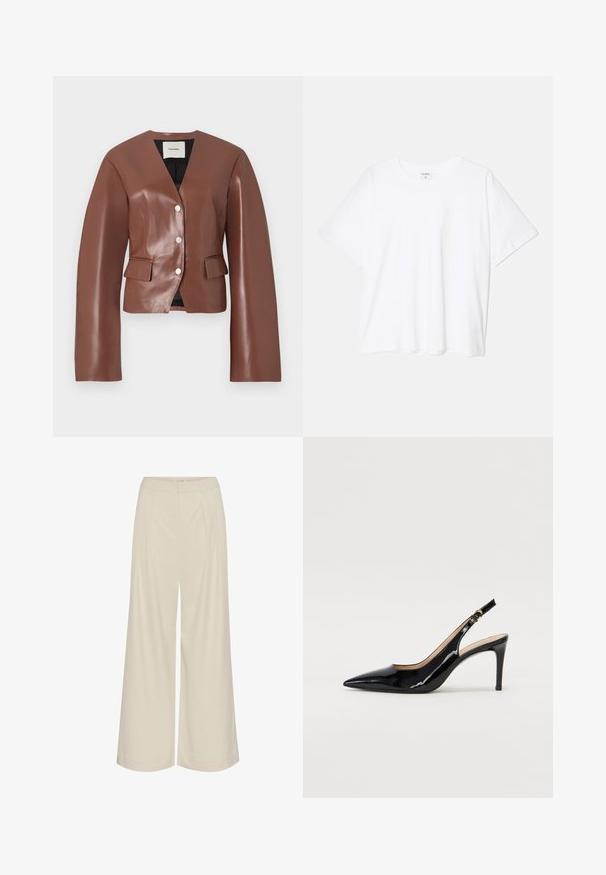 Barna műbőrből készült blézer mély dekoltázssal, hosszú ujjakkal, elöl gombos záródással és két elülső zsebbel. Simára csiszolt textúra enyhe fényességgel.; Fehér pamut póló rövid ujjal, kerek nyakkivágással, laza fazonnal és varrott szegéllyel. Címke látható a belső nyakrészén.; Széles szárú nadrág, világos bézs színű anyagból, pliszírozással, magas derékkal és sima textúrával, látható díszítések nélkül.; Fekete lakk bőr kötött magassarkú cipő, hegyes orral és karcsú sarokkal, finom kivágásos dizájnnal. Az övön arany csatt található.