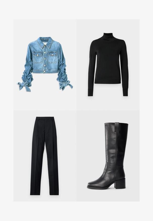 Hallatud denim-jakk helesinises toonis, millel on kaks rinna taskut, nööpide sulgur ja rümpades tõmblukuvarrukad, mille lõpus on paelad.; Mustmusterta mustaga pikkade varrukatega kõrge kaelusega sviiter, millel on ribakudumisega mansetid ja äär, esitatud lihtsal valgel taustal.; Mustad püksid siledast kangast, millel on kõrge vöökoht, laiad jalad, esimesed kortsud ja klassikalised vööloopid. Küljepockets pole nähtavad.; Musthave mustad nahktoodete bikiinibootid, millel on sile pind, ruudukujuline varvas, plokk-kand ja külgmine tõmbeaas, minimaalse õmblusega detailid.