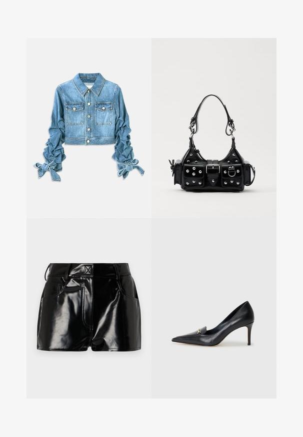 Vágott farmerdzseki világoskék színben, két mellzsebbel, gombos záródással és megkötőkkel ellátott, ráncos ujjakkal.; Fehér, hosszú ujjú pamut ing klasszikus gallérral, gombos záródással és egyetlen zsebbel a bal oldalon.; Fekete, fényes sort szintetikus anyagból. Jellemzője a fitted derék, övhurkok és elülső zsebek jellegzetes varrási részletekkel.; Fekete bőr magassarkú cipő hegyes orral, alacsony dekoltázzsal és díszes arany részlettel. Stiletto sarokkal és sima felülettel rendelkezik.; Fekete bőr kézitáska ívelt designnal, ezüst szegecsekkel, csattal és két oldalsó zsebbel. Állítható vállpánt a hordozási lehetőségekhez.