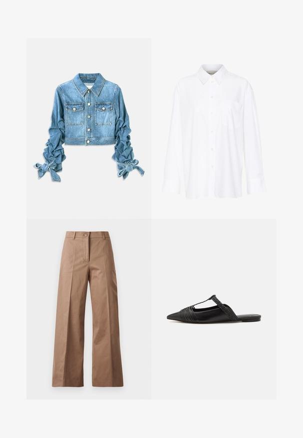 Lyhyt vaaleansininen farkkutakki, jossa on kaksi rintataskua, napitus ja rypytetyt hihat sekä nauhat hihansuissa.; Valkoinen pitkähihainen kauluspaita, joka on valmistettu puuvillasta. Paidassa on napitettava etuosuus ja yksi rintatasku. Pehmeä pinta, rento malli.; Ruske leve-legged hlače iz gladkega materiala, z sprednjim gumbom, dvema sprednjima žepoma in čistimi, krojenimi linijami.; Musta nahkasandaali, jossa on terävä kärki, somistettuna kudotulla yksityiskohdalla ja pleatatuilla yläosilla. Litteä pohja, jossa on vähäisiä tarvikkeita.