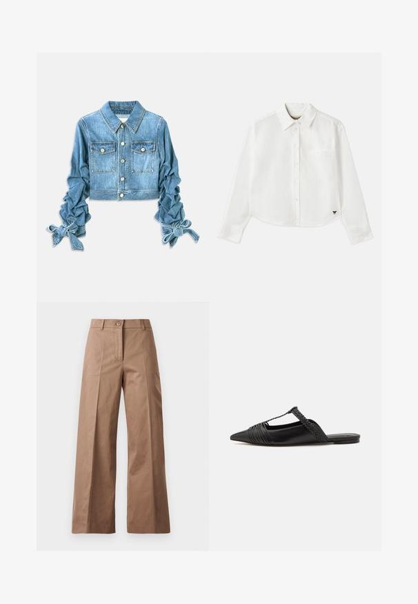 Chaqueta de mezclilla recortada en azul claro, con dos bolsillos en el pecho, cierre de botón y mangas fruncidas con lazos en los puños.; Camisa blanca de manga larga recortada hecha de algodón. Presenta un cierre frontal con botones, un bolsillo en el pecho y un pequeño logo negro en la parte inferior izquierda.; Pantalones de pierna ancha marrones, confeccionados en una tela suave, con un cierre frontal de botón, dos bolsillos frontales y líneas limpias y ajustadas.; Zapato de piel negra tipo slingback con punta afilada, que presenta un detalle trenzado y un diseño superior plisado. Suela plana con hardware mínimo.