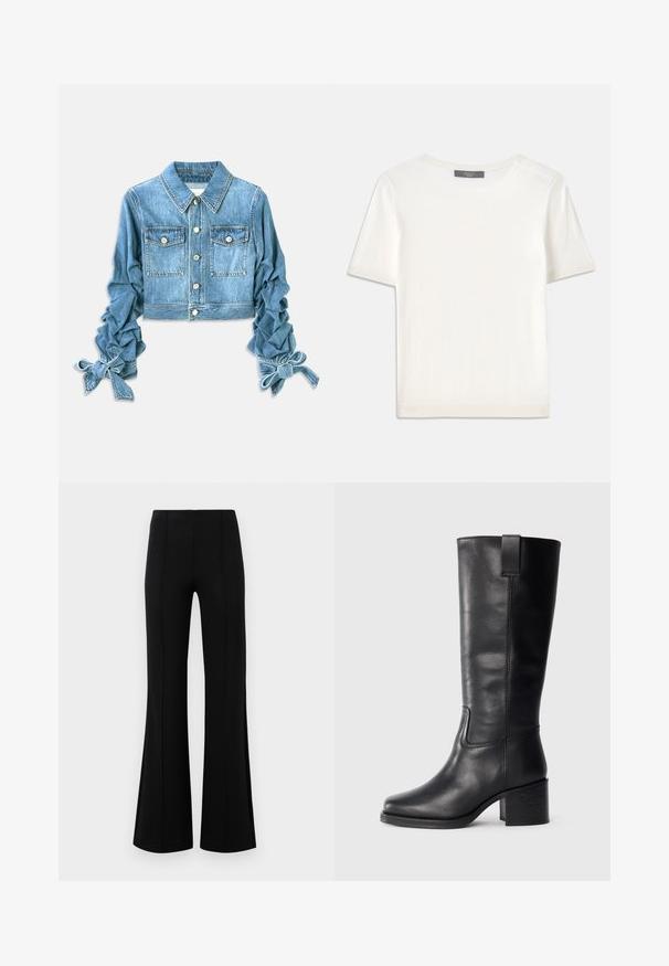 Šviesiai mėlynas apkarpytas džinsinis švarkas su dviem krūtinės kišenėmis, sagčių uždarymu ir raukšlėtais rankovėmis su raišteliais prie riešų.; Baltas trumpas rankovėmis megztinis su apvaliu kaklu, pasižymintis lygia tekstūra ir subtiliais raštuotais akcentais rankovėse bei apykaulyje.; Juodos plačios kelnės su aukštu liemeniu, pagamintos iš tamprios medžiagos. Priekinėje dalyje yra vertikalūs siūlų akcentai ir lygus paviršius.; Juodos odinės iki kelių siekiančios botai su lygiu paviršiumi, kvadratiniu pirštu, storu kulnu ir šoniniu kilputė, su minimaliais siuvimo akcentais.