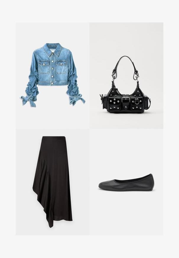 Izgriezta džinsu jaka gaiši zilā krāsā, ar divām krūšu kabatām, pogu aizdari un ķemmētām piedurknēm ar auklām pie aprocēm.; Balta bezpalakaina kreklveida blūze, izgatavota no mīksta, ribota auduma; ar plānām siksniņām un apaļu kakla izgriezumu, birka ar uzrakstu "FRAME".; AERON ASTER SKIRT - Zīmuļsvārki - black; Melna ādas baleta kurpe ar noapaļotu purngalu, gludu tekstūru, minimālu šuvju detalizāciju un elastīgu zoles dizainu.; Melnas ādas rokturmais ar izliekumu, ar sudraba iedurtiem, sprādzi un divām sānu kabatām. Regulējams siksniņas garums dažādām nēsāšanas iespējām.