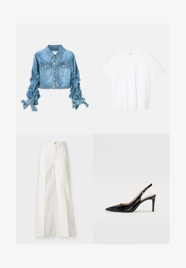 Chaqueta de mezclilla recortada en azul claro, con dos bolsillos en el pecho, cierre de botón y mangas fruncidas con lazos en los puños.; Camiseta de algodón blanca con mangas cortas, escote redondo, corte relajado y dobladillo cosido. Etiqueta visible en el interior del cuello.; Pantalones de pierna ancha blancos hechos de algodón con una textura suave. Cuenta con un botón delantero, cremallera y un diseño de cuatro bolsillos.; Zapatos de charol negro con tirante al tobillo, punta afilada, tacón delgado y un diseño de corte sutil. Presenta una hebilla dorada en la correa.