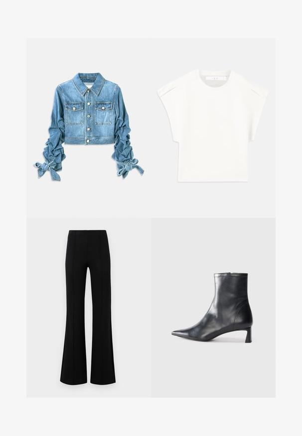 Zkrácená džínová bunda v světle modré barvě, s dvěma náprsními kapsami, zapínáním na knoflíky a skladanými rukávy se stahovacími šňůrkami na manžetách.; Bílý boxy tričko s krátkými rukávy. Vyrobeno z hladkého materiálu, s kulatým výstřihem a jemnými akcenty na ramenou. Jednoduchý design.; Černé kalhoty s volným zakončením a vysokým pasem, vyrobené z elastického materiálu. Mají vertikální švy na přední straně a hladký povrch.; Černé kožené kotníkové boty s špičatou špičkou a elegantním designem. Mají nízký podpatek a zipové zapínání na zadní straně. Hladká textura.