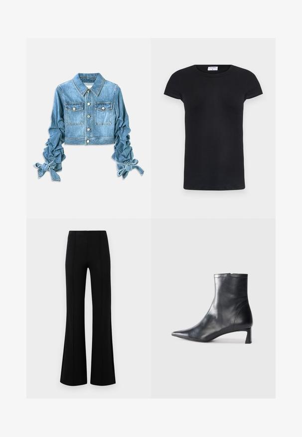 Skrajšana denim jakna v svetlo modri barvi, ki ima dva žepa na prsih, zapiranje na gumbe ter naborke na rokavih s trakovi na manšetah.; Črna rebrasta majica s kratkimi rokavi in okroglo ovratnikom. Mehka tkanina s prilegnjenim krojem, ki ima etiketo na vratu.; Črne krilate hlače z visokim pasom, izdelane iz raztegljive tkanine. Imajo vertikalne šive na sprednji strani in gladko teksturo.; Črne usnjene gležnjarje s šiljastim nosom in elegantnim dizajnom. Imajo nizko peto in zadrgo na zadnji strani. Gladka tekstura.