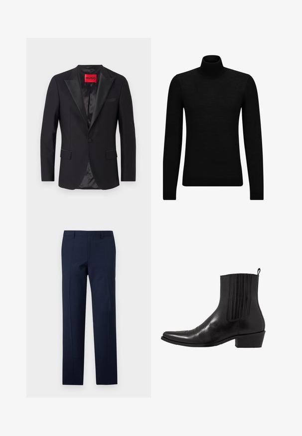 Melns formāls žakets ar satīna peak lapelām, ar vienu pogu, divām priekšējām kabatām un gludu iekšējo oderi. Uzlīme ar sarkano "HUGO."; Melnā augstā kakla džemperis, kas izgatavots no mīksta materiāla, ar garām piedurknēm un pieguļušu piegriezumu. Ribota apdare ap apakšu un piedurknēm. Vienkāršs dizains.; Jūras zila bikses ar piegriezumu, tām ir gluda virsma, izteiksmīgas krokas un plakana priekšpuse. Slēpta rāvējslēdzēja aizdare.; Melna ādas potītes zābaku ar norādītu pirkstu, elastīgām sānu daļām, vertikālām šuvēm un zemu blokveida papēdi.