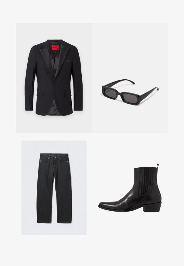 Zwarte smokingjas met satijnen revers, enkele knoopsluiting, twee voorzakken en een gladde binnenvoering. HUGO-label in het rood bij de kraag.; Witte overhemden van soepel materiaal met een klassieke kraag, lange mouwen en een afgeronde zoom. Voorzien van beige knopen aan de voorkant.; Zwarte denim jeans met een rechte pijp, voorzien van een knoopsluiting, vijf zakken en hardwareaccenten in koperkleur. Soepele textuur.; Zwarte leren enkellaarzen met een spitse neus, elastische zijpanele, verticale stiksels en een lage blokhak.; Zwarte rechthoekige zonnebril met donkere lenzen, glanzende afwerking, brede pootjes en een robuust frameontwerp. Gegraveerde merknaam op één van de pootjes.