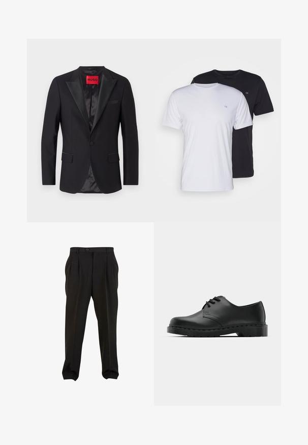 Zwarte formele blazer met satijnen piekflappen, enkele knoopsluiting, twee voorzakken en een gladde binnenvoering. Het label heeft een rode "HUGO."; Twee katoenen t-shirts in het wit en zwart, met korte mouwen en ronde halsen, voorzien van een klein logo op de borst, met een soepele textuur.; Zwarte broek van gladde stof, met voorplooien, een knopenband en taps toelopende enkelboorden. Klassieke taillering.; Zwarte leren oxford schoenen met vetersluiting, ronde neus, platte rubberen zool en subtiele stiksel details langs het bovenwerk.