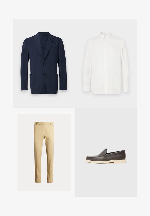 Tumesinine bleiser, mis on valmistatud siledast kangast, millel on ühe nööbi disain, kaks esitaskut, rinnatasku ja krae aktsendid.; Valge pika varrukaga särk, mis on valmistatud kerge kangaga, klassikalise kraega, nööpide sulgemisega ja sirge lõikega hemiga. Sujuv tekstuur.; Khaki chinos, mis valmistatud siledast puuvillakangast, omavad kätkiva disaini, ees pleate ning pahkluul soonikuga, mis lisab kitsendatud ilmet.; Pruunid nahast libisemisega jalanõud tekstuuriga pinnaga ja kontrastse heleda beeži tallaga, millel on ümar varvas ja minimaalsed õmblusdetailid.