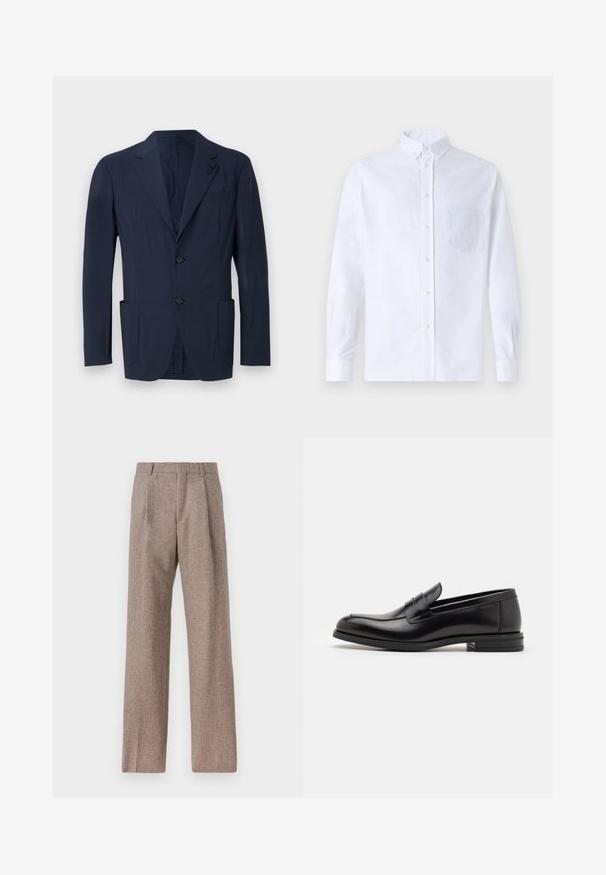 Granatowa marynarka wykonana z gładkiego materiału, z pojedynczym zapięciem, dwoma przednimi kieszeniami, kieszenią na klatce piersiowej oraz akcentami na klapach.; Biała koszula z długim rękawem na guziki, wykonana z bawełny, z kieszonką na piersi z tonowym haftem, kołnierzykiem i zapięciem na guziki przy mankietach.; Brązowe, wysokiej talii spodnie wykonane z teksturowanej tkaniny. Posiadają szerokie nogawki i dwa przednie zakładki dla lepszej struktury. Starannie wykończone, bez widocznych elementów metalowych.; Czarne skórzane mokasyny o gładkiej fakturze, zaokrąglonym nosku i dekoracyjnym pasku na przodzie. Niski, warstwowy obcas, minimalistyczny design.