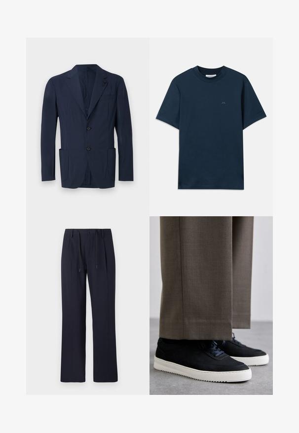 Granatowa marynarka wykonana z gładkiego materiału, z pojedynczym zapięciem, dwoma przednimi kieszeniami, kieszenią na klatce piersiowej oraz akcentami na klapach.; Granatowa bawełniana koszulka z okrągłym dekoltem, krótkim rękawem i subtelnym logo nadrukowanym na piersi. Gładka faktura i klasyczny krój.; Granatowe spodnie o prostym kroju, wykonane z teksturowanej tkaniny. Posiadają zapięcie na guzik z przodu oraz regulowany ściągacz w talii.; Czarne zamszowe sneakersy z białymi gumowymi podeszwami, z zaokrąglonym noskiem i sznurówkami, noszone z szarymi dopasowanymi spodniami.