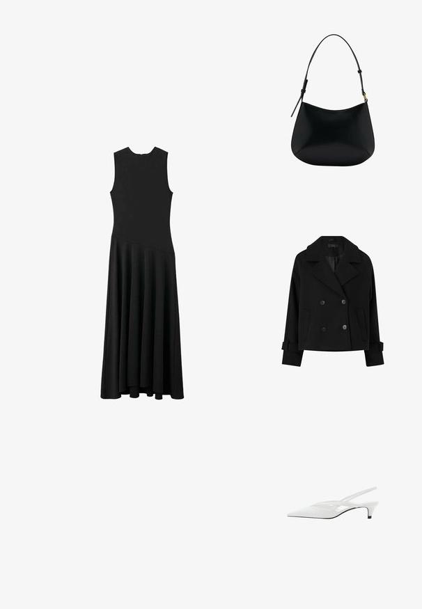 Zwarte dubbele breasted pea coat met brede revers, knopen en zijzakken. Heeft een gestructureerde vorm en opgerolde manchetten. Zachte textuur.; Zwarte mouwloze maxi-jurk met een aansluitend lijfje en een uitlopende rok, met een gladde textuur en een minimalistisch ontwerp, zonder zichtbare sluitingen.; Witte slingback hak met spitse neus, voorzien van een gladde bovenkant, subtiele uitsparingen en een lage blokhak. Zwarte zool accentueert het ontwerp.; Zwarte leren schoudertas met een gladde textuur, gebogen vorm en verstelbare hengel. Heeft minimale stiksels en een eenvoudig ontwerp.