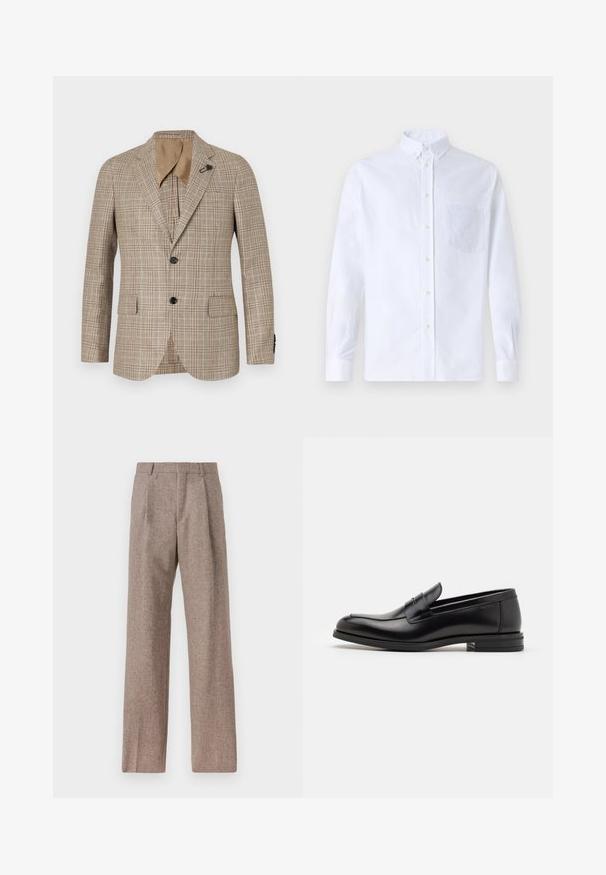 Blazer cu model tartan maro, cu o croială ajustată, rever cu decupaj, două buzunare frontale și închidere cu un singur nasture. Textură netedă cu o strălucire subtilă.; Cămașă albă cu mânecă lungă, din bumbac, prevăzută cu un buzunar pe piept cu broderie tonală, guler și manșete cu buton.; Pantaloni bej, cu talie înaltă, dintr-un material texturat. Prezintă picioare late și două pliseuri frontale pentru structură. Finisaj îngrijit, fără accesorii vizibile.; Mocasini din piele neagră cu o textură netedă, vârf rotund și o curea decorativă peste partea superioară. Toc mic, design minimalist.