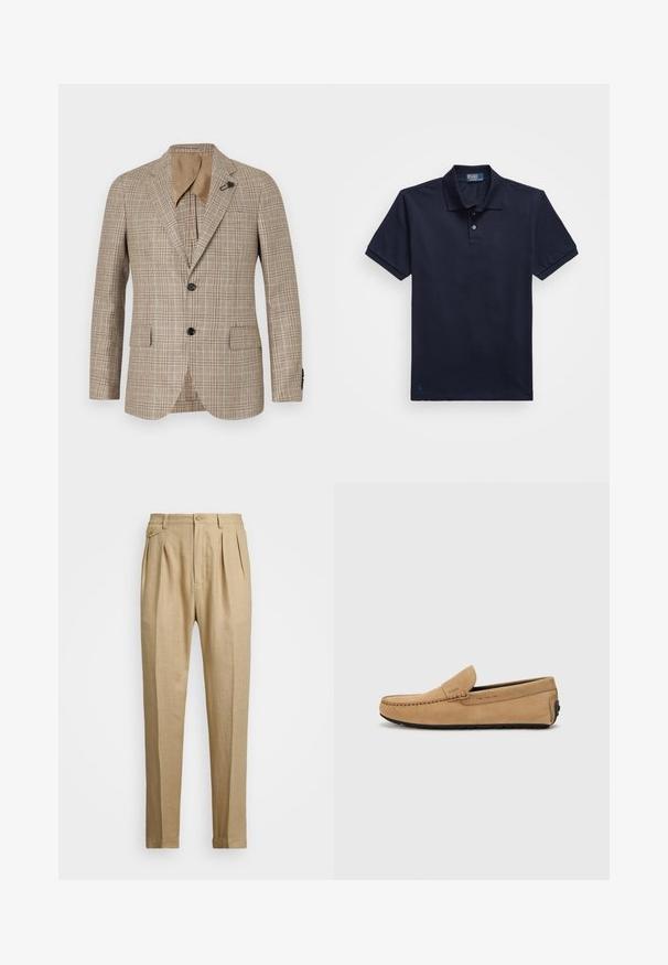 Rjav pikasasti blazer s prilegajočim krojem, z izvajanimi reverji, dvema sprednjima žepoma in enim gumbom za zapiranje. Gladka tekstura z diskretno sijajem.; Mornarsko modra polo majica iz strukturirane tkanine, z dvema gumboma na zapenjanju in majhnim vezenim logotipom na robu. Kratki rokavi.; Beige lanene hlače s ravnim krojem, ki imajo dva sprednja pregiba, gumbasto zapiranje in stranske žepi. Teksturna tkanina z gladkim zaključkom.; Bež suède mokasine z obšito toe, za enostavno obuvanje, z črnim gumijastim podplatom. Ima subtilno blagovno znamko na strani.