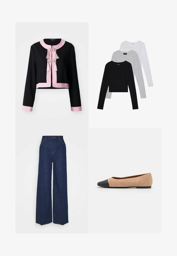 Melnā īsā jakā ar rozā apkakli un apmali. Iezīmējas ar dekoratīvām pušķiem un sudraba akcentiem priekšpusē. Strukturēts audums.; Trīs garām piedurknēm veidotas augšdaļas, sakrautās: melna, pelēka un balta. Katram ir noapaļots kakla izgriezums un īsa dizaina forma ar gludu, vieglu audumu.; Augstas jostas līmeņa plaša kāju tumši zila džinsu bikses ar priekšējiem un aizmugurējiem kabatām, poga aizdare un redzami šuvju detaļas.; Beigā zamšādas balerīnas ar melnu ādas noapaļotu purngalu, zemu papēdi un gludu tekstūru, ar minimālu dūrienu un tīru dizainu.