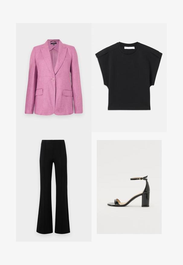 Weekend Max Mara NALUT - Kratka jakna - dark pink; Crna majica s kratkim rukavima i okruglim izrezom, s detaljima na ramenima, položena ravno na bijeloj pozadini.; Crne siraste hlače visokog struka, izrađene od rastezljivog materijala. Imaju vertikalne šavove sprijeda i glatku teksturu.; Crne lakirane sandale s širokim potpeticama, otvorenim prstima i remenom oko gležnja s zlatnom kopčom. Glatka tekstura i elegantan dizajn.