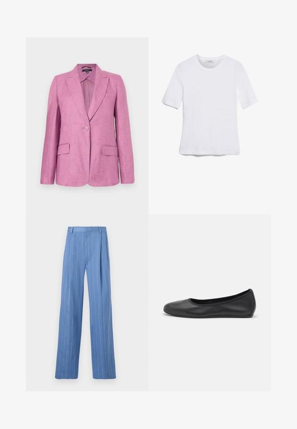 Weekend Max Mara NALUT - Kratka jakna - dark pink; Bijela majica s kratkim rukavima izrađena od rebraste tkanine. Okrugli izrez, klasičan kroj i suptilni detalji šivanja. Bez uzoraka ili grafika.; Svijetloplave široke hlače s vertikalnim bijelim prugama. Napravljene su od glatkog materijala, s prednjim oštrim naborom i čistim dizajnom struka.; Crne kožne baletanke s zaobljenim vrhom, glatke teksture, minimalnim detaljima šavova i fleksibilnim dizajnom potplata.