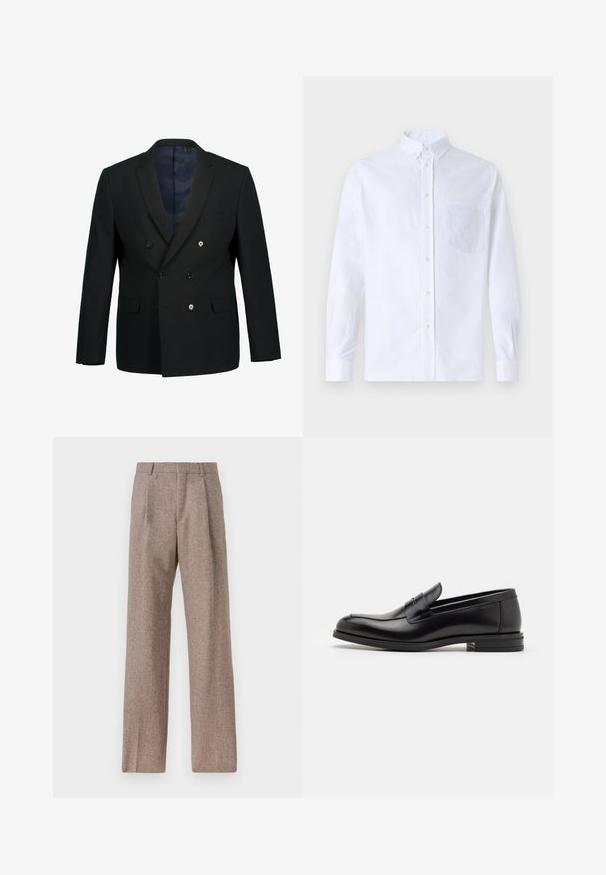 Zwarte dubbelbreasted blazer met pieklapels, twee voorzakken, drie knopen en een blauw patroon interieurfvoering.; Witte lange mouwen overhemd van katoen, met een borstzak met tonale borduring, een kraag en knopenmanchetten.; Bruine, hooggewaisted broeken van een gestructureerde stof. Heeft wijde benen en twee voorplooien voor extra structuur. Net afgewerkt zonder zichtbare hardware.; Zwarte leren instappers met een gladde textuur, ronde neus en een decoratieve band over de wreef. Lage, gestapelde hak en minimalistisch ontwerp.