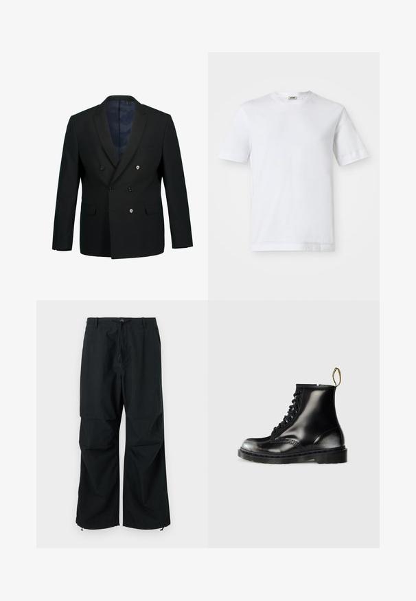 Schwarzer, doppelt gearbeiteter Blazer mit Spitzrevers, zwei Fronttaschen, drei Knöpfen und einem blau gemusterten Innenfutter.; Weißes Baumwoll-T-Shirt mit kurzen Ärmeln, Rundhalsausschnitt und glatter Textur. Keine Muster oder Akzente sind sichtbar.; Schwarze, weit geschnittene Hose mit einem Kordelzugbund und elastischen Säumen. Hergestellt aus leichtem, strukturiertem Stoff. Schlichtes Design.; Schwarze Leder-Ankle-Boots mit glanzfinish, acht Ösen, schwarzen Schnürsenkeln und einer Zuglasche. Mit einer strukturierten, profilierten Sohle.