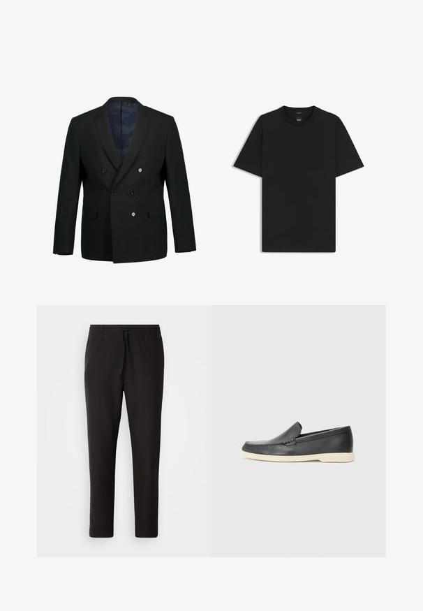 Musta tuplakaarinen bleiseri, jossa on huippulaput, kaksi etutaskua, kolme nappia ja sininen kuvioitu vuori.; Musta lyhythiha T-paita, joka on valmistettu sileästä puuvillasekoitteesta. Paita on varustettu pyöreällä pääntiehen ja siinä on minimaalinen muotoilu ilman kuvioita tai yksityiskohtia.; Juoksuhousut mustasta sileästä kankaasta. Varustettu elastisella vyötärönauhalla ja nyörillä, supistuvat lahkeet ja ei näkyviä taskuja. Yksinkertainen muotoilu.; Mustat nahkakengät ilman nauhoja, joissa on teksturoitu pinta ja kontrastoiva beige kumipohja. Kengissä on hillitty yksityiskohta etuosassa.