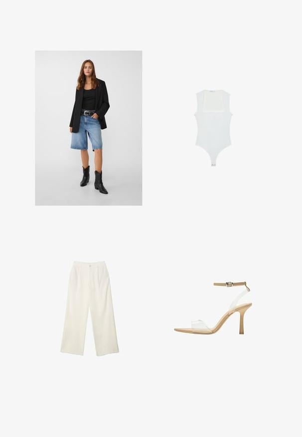 Čierny blejzer cez čierne tielko, doplnený svetlomodrými denimovými šortkami a čiernymi kovbojskými čižmami. Opasok má strieborné cvoky.; Biely body s hranatým výstrihom, bez rukávov, hladkou textúrou a patentom na dne. Jednoduchý a minimalistický štýl.; Široké nohavice z krémovej látky s hladkou textúrou, s jedným predným gombíkom, jemnými skladmi a vysokým pásom.; Priehľadné sandále na vysokom podpätku s transparentným zvrškom, béžovou stielkou a štíhlym remienkom na členku. Majú špicatú špičku a tenký vysoký podpätok.