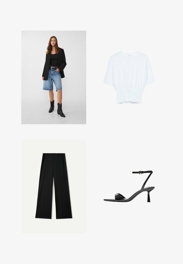 Čierny blejzer cez čierne tielko, doplnený svetlomodrými denimovými šortkami a čiernymi kovbojskými čižmami. Opasok má strieborné cvoky.; Biela krátka T-shirt s voľným strihom a zlaceným textúrou v oblasti pása. Vyrobená z mäkkého, ľahkého materiálu.; Bershka WIDE - Nohavice - black; Bershka Sandále na vysokom opätku - black