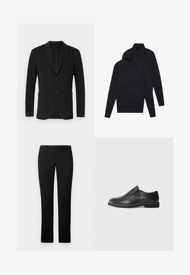 Černý blazer s úzkým střihem, se špičatými klopami, dvěma předními kapsami, náprsní kapsou a zapínáním na knoflík. Hladká látka s matným povrchem.; Dvoje černých pletených svetrů s dlouhým rukávem a rolákem, jednoduchý vzor, naskládány tak, že jeden je mírně za druhým na bílém pozadí.; Černé kalhoty s přiléhavým střihem, vyrobené z hladké látky a s rovnými nohavicemi. Pas má poutka na opasek a čistý vzhled.; Černá kožená nazouvací bota s hladkým svrškem, prošívanými detaily, zaoblenou špičkou a nízkým gumovým podpatkem. Podešev má minimální vzorek.