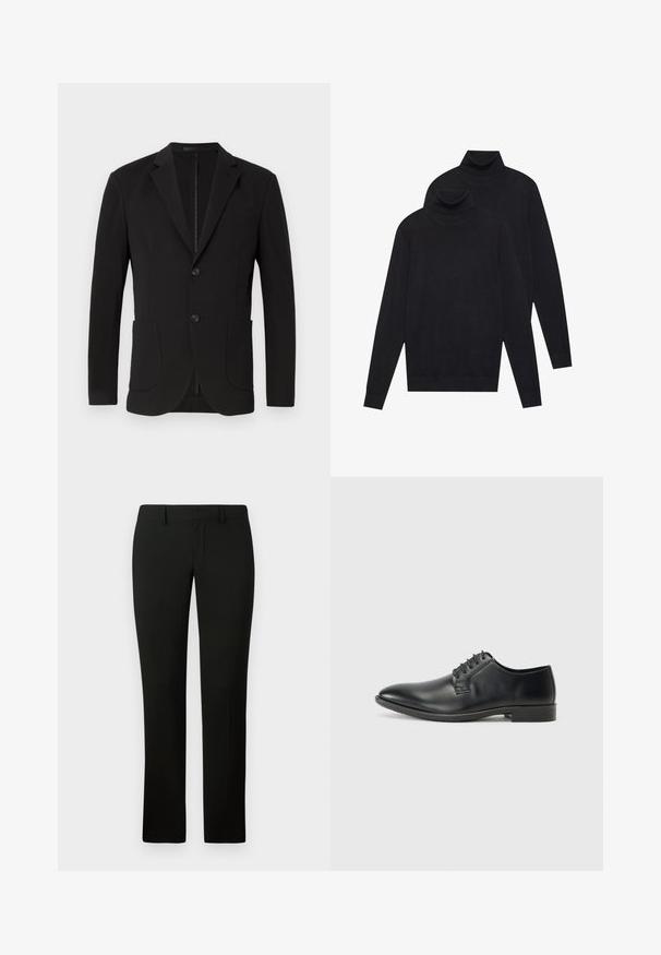 Črn blazer s prilagojenim krojem, z odrezanimi reverji, dvema sprednjima žepoma, žepom na prsih in gumbom za zapiranje. Gladka tkanina z mat površino.; Dva črna dolgi rokavi puloverja s turtleneck ovratnikom, enostavna pletenina, zložen eden nekoliko za drugim na belem ozadju.; Črne hlače z prilegajočim se krojem, ki imajo gladko teksturo in raven kroj. Pas ima zanke za pas in čist zaključek.; Črni usnjeni elegantni čevelj z gladko površino, zavezovanjem z vezalkami, zožanim sprednjim delom in nizkim gumijastim podplatom. Minimalistična oblika in poudarki.