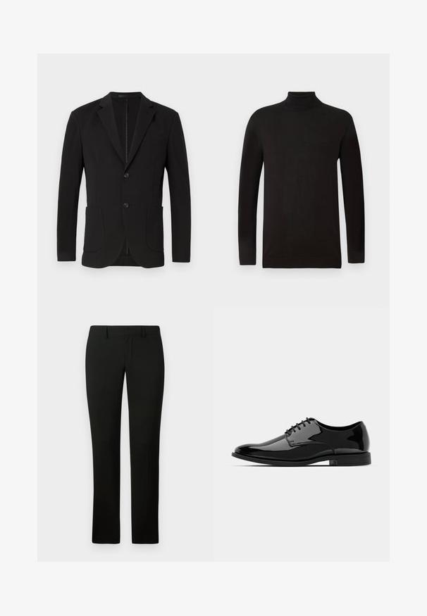 Zwarte blazer met een getailleerde pasvorm, notch revers, twee voorzakken, een borstzak en een knoopsluiting. Gladde stof met een matte afwerking.; Zwarte coltrui van een zachte brei stof. Heeft lange mouwen en een aansluitend ontwerp met een geribde kraag en zoom. Minimale branding.; Zwarte broek met een getailleerde pasvorm, met een gladde textuur en een rechte pijpdesign. De tailleband heeft riemlussen en een nette afwerking.; Zwarte gepatineerde leren jurkchoenen met een ronde neus, vetersluiting en een glad, glanzend oppervlak. Voorzien van een laagprofiel rubberen zool.