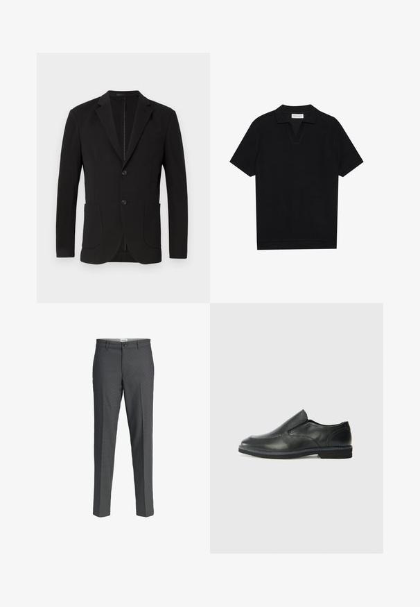 Czarny żakiet o dopasowanym kroju, z klapami, dwoma kieszeniami z przodu, kieszenią na piersi i zapięciem na guzik. Gładka tkanina o matowym wykończeniu.; Czarna koszulka polo z krótkim rękawem, wykonana z teksturowanej, prążkowanej tkaniny, z dekoltem w kształcie litery V i prostym zakończeniem. Bez widocznych logo ani wzorów.; Szare spodnie dresowe o prostym kroju, wykonane z gładkiego materiału. Posiadają zapinanie na guziki oraz dwie przednie kieszenie.; Czarne skórzane buty wsuwane z gładką cholewką, przeszyciami, okrągłym noskiem i niskim gumowym obcasem. Podeszwa ma minimalny bieżnik.