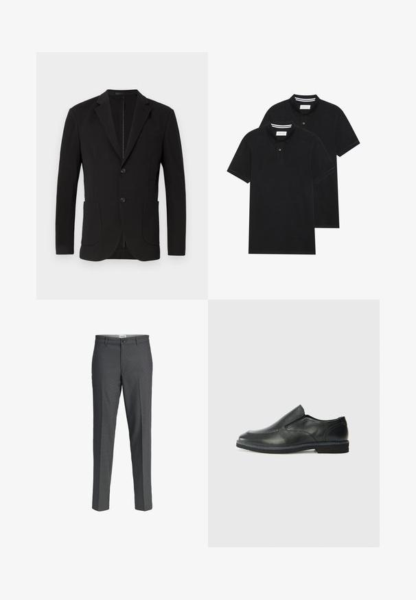 Black blazer with a tailored fit, notch lapels, two front pockets, a chest pocket, and a button closure. Smooth fabric with a matte finish.; Two black polo shirts, short-sleeved, cotton material, featuring a classic collar, two-button placket, and white striped accents inside the collar.; Gray dress pants with a straight-cut design, made from a smooth fabric. Features a button closure and two front pockets.; Black leather slip-on shoe with a smooth upper, stitched accents, rounded toe, and a low rubber heel. Sole features minimal tread.
