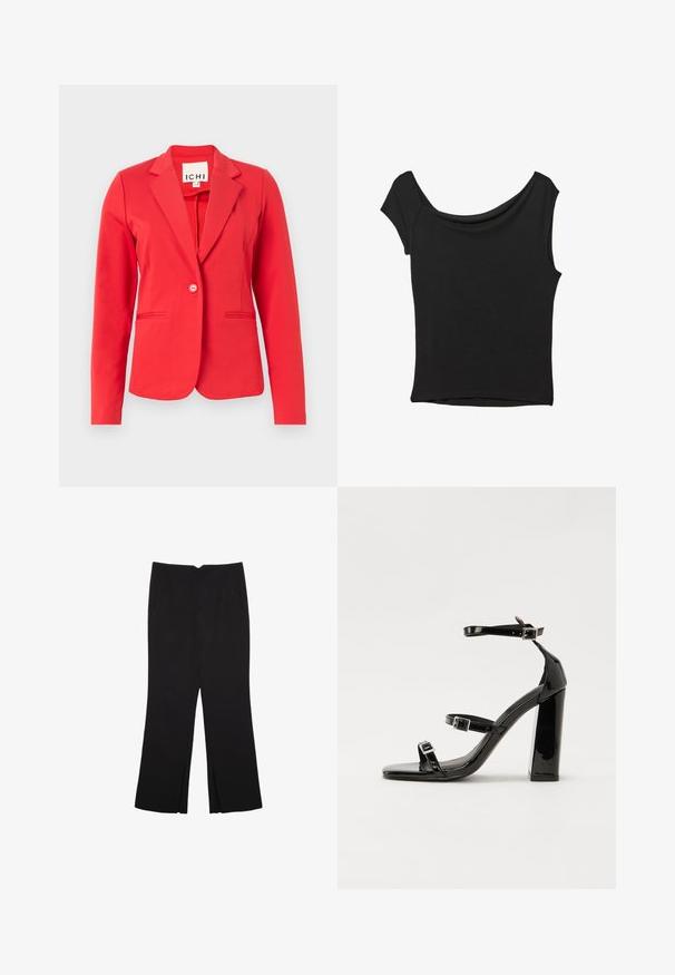 Punainen takki, jossa on jäsennelty muotoilu, yksittäinen nappikiinnitys, kaksi etutaskua ja sileä kankaan rakenne. Tagi näkyvissä kauluksessa.; Musta lyhythihainen paita, joka on valmistettu sileästä kankaasta; siinä on laskeutuva kaula-aukko ja epäsymmetrinen helma, sekä istuva malli.; Mustat housut suoralinjaisella leikkauksella, joissa on etutaskut ja sivurei'ät helman alla. Valmistettu pehmeästä ja sileästä kankaasta. Sopii eri tilaisuuksiin.; Musta kiiltävä korkokenkä sandaalit neliönmuotoisella varpaalla, nilkkaremmillä ja hopeisilla soljilla. Varustettu tukevalla lohkokorkealla vakauden takaamiseksi.