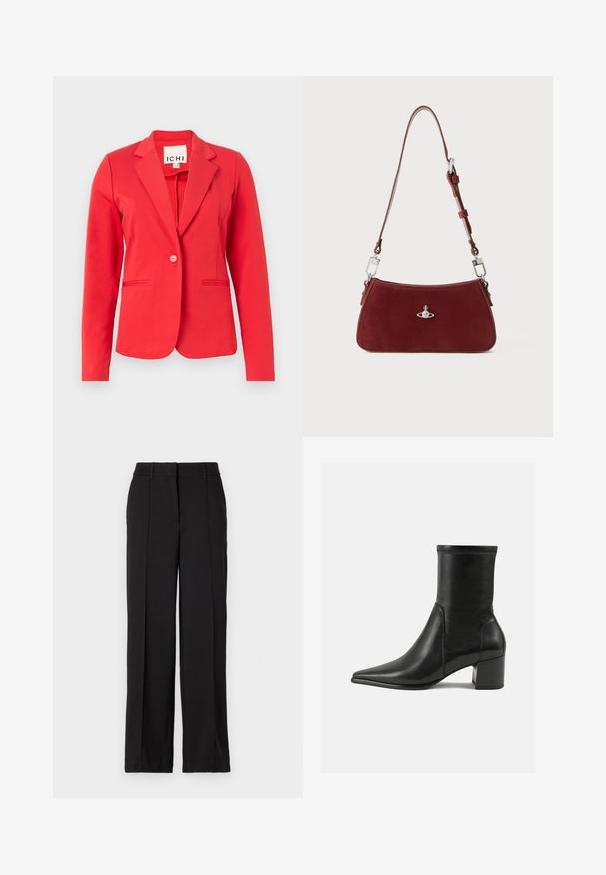 Blazer rosso con un design strutturato, chiusura a un bottone, due tasche frontali e una texture di tessuto liscia. Etichetta visibile all'interno del colletto.; Maglietta bordeaux a maniche lunghe realizzata in tessuto morbido, caratterizzata da un ampio scollo circolare e un orlo leggermente curvo per un fit rilassato.; Pantaloni neri con design a gamba dritta, caratterizzati da due pieghe frontali, una vita e senza tasche o decorazioni visibili.; Stivale alla caviglia nero in pelle liscia, con punta appuntita, tacco a blocco e cuciture raccolte distintive lungo il bordo superiore.; Borsa a spalla in suede rosso con forma curva. Presenta un accento in tonalità argento e una tracolla regolabile con dettagli in metallo. Texture liscia.