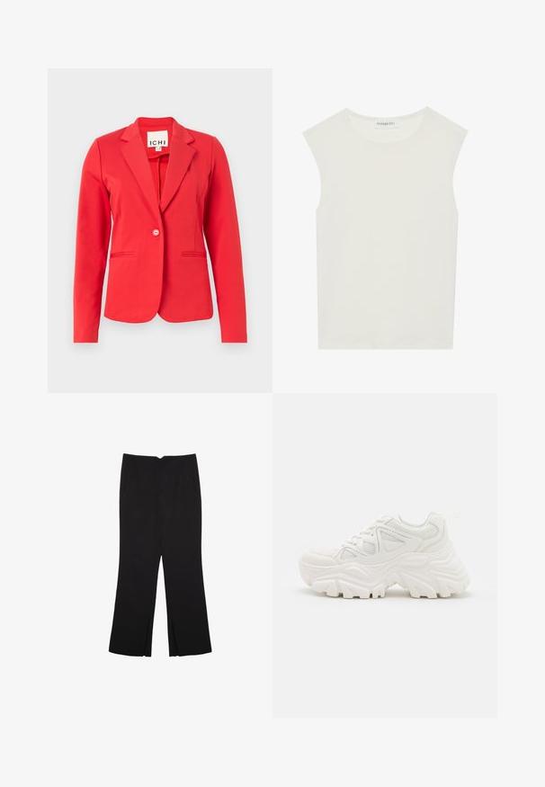 Blazer rosso con un design strutturato, chiusura a un bottone, due tasche frontali e una texture di tessuto liscia. Etichetta visibile all'interno del colletto.; Top bianco senza maniche con scollatura rotonda. Realizzato in tessuto liscio, presenta una vestibilità rilassata e un design minimalista. Nessun motivo o accentuazione.; Pantaloni neri a gamba dritta, con tasche frontali e spacchi laterali all'orlo. Realizzati in tessuto morbido e liscio. Adatti a diverse occasioni.; Sneaker chunky bianchi con una parte superiore testurizzata, pannelli in mesh e suole di gomma spesse con un modello di battistrada prominente. Inclusi lacci e linguetta per il tallone.