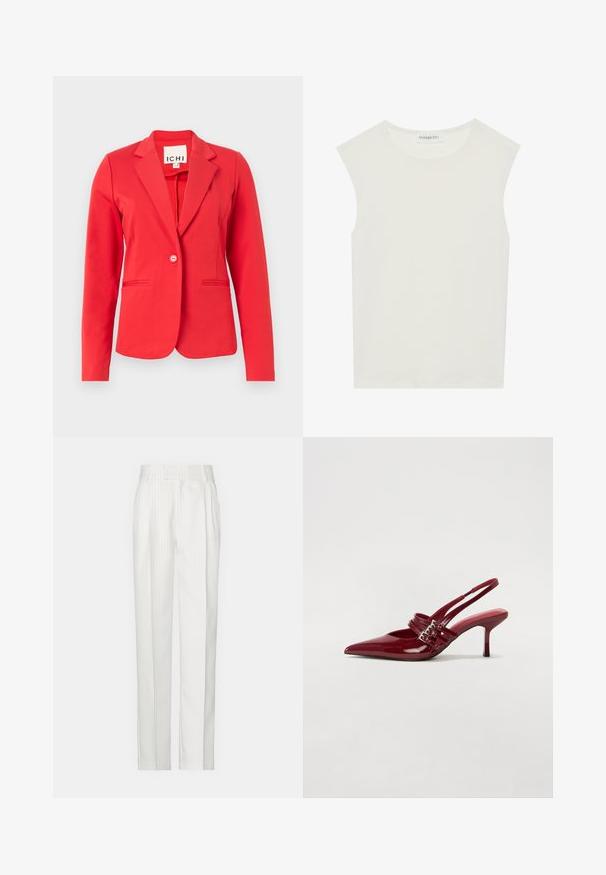 Red blazer with a structured design, single button closure, two front pockets, and smooth fabric texture. Tag visible inside collar.; White sleeveless top with a round neckline. Made of smooth fabric, it features a relaxed fit and minimalist design. No patterns or accents.; White pinstriped trousers with a straight leg design, made from a lightweight fabric. Features pleats at the front and a traditional waistband.; Red patent leather slingback heels with a pointed toe, two buckle straps, and a slim, mid-height stiletto heel. Smooth texture.
