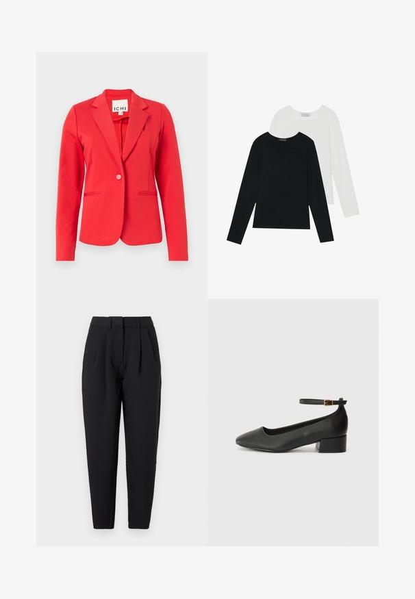 Rød blazer med en strukturert design, enkel knappelukking, to frontlommer, og glatt tekstur. Merket synlig inne i kragen.; To lange ermer t-skjorter, en svart og en hvit, begge med firkantet utringning og laget av mykt, elastisk stoff.; Sorte bukser med rett passform, med legg foran, en jevn tekstur og sidelommer. Livet er av standard høyde.; Sorte skinnpumper med spiss tå og lav blokkhelt. Har ankelrem med gullfarget spenne. Glatt tekstur.