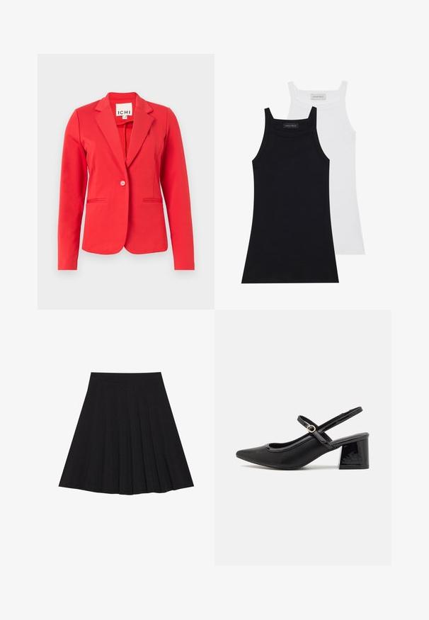 Raudonas švarkas su struktūrizuotu dizainu, vieno mygtuko uždarymu, dviem priekinėm kišenėm ir lygiu audinio tekstūru. Etiketė matoma vidinėje apykaklės pusėje.; Du kaldūnėliams, juodos ir baltos spalvos. Pagaminti iš minkštos, tamprios medžiagos su raukšlėta tekstūra ir prigludusia forma. Su siaurais petnešomis.; Juoda plisėta sijonas, pagamintas iš tekstūruotos medžiagos su prigludusia juosmens juosta. Siekia kelių ilgį, turi sklandžią, švarią siluetą.; Juodi patentinio odos slingback aukštakulniai su smailiu pirštu, apvaliu išpjovimu ir blokiniu kulnu. Papuošti auksiniu juostos akcentu.