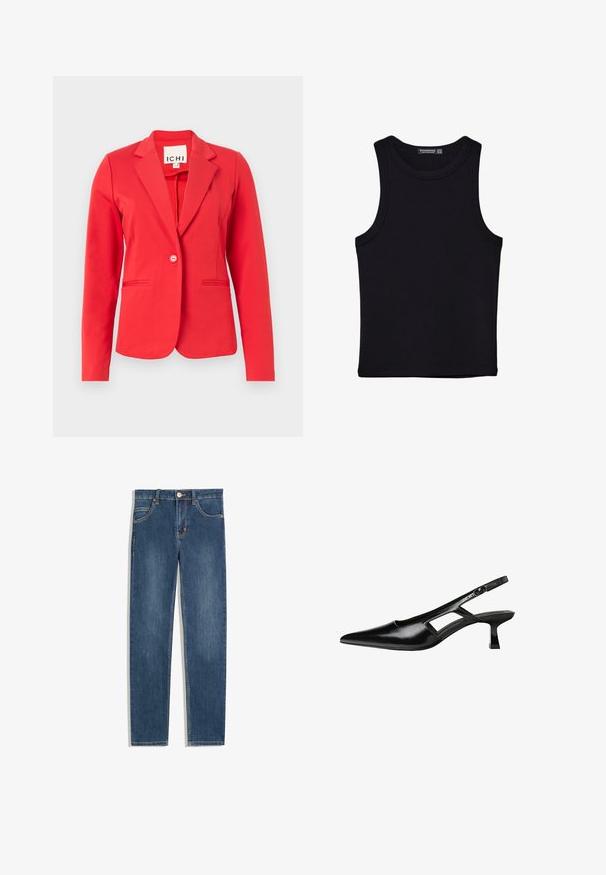 Červený blejzer so štruktúrovaným dizajnom, jednoduchým zapínaním na jeden gombík, dvoma prednými vreckami a hladkou textúrou látky. Štítok viditeľný vo vnútornom golieri.; Čierny tank top vyrobený z bavlny, s okrúhlym výstrihom a širokými ramienkami. Hladká textúra so zošitými okrajmi. Klasický, minimalistický dizajn.; Tmavomodré džíny s rovnom strihom, piatimi vreckami, jemnými švovými detailmi a kovovým gombíkom v páse.; Čierne lakované kožené lodičky na podpätku s špicatou špičkou, výrezovým dizajnom na boku a malým štvorcovým podpätkom. Hladký povrch s minimálnymi akcentmi.