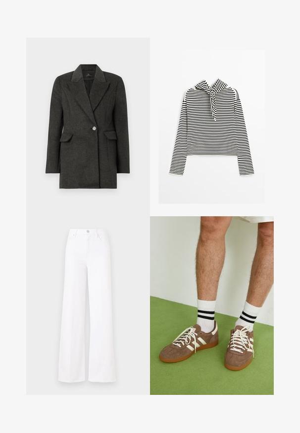 Czarna szara marynarka na jeden guzik z szerokimi klapami i kieszeniami z klapami, dopasowany krój oraz długie rękawy na jednolitym białym tle.; Massimo Dutti - Sweter; Białe dżinsowe spodnie w szerokim kroju, z wysokim stanem, z przodem na guziki i czterema kieszeniami. Gładka faktura bez widocznych wzorów.; Brązowe zamszowe sneakersy z białymi akcentami i sznurówkami. Gumowa, brązowa podeszwa. Noszone z białymi skarpetkami w czarne paski. Zielona teksturowana podłoga.