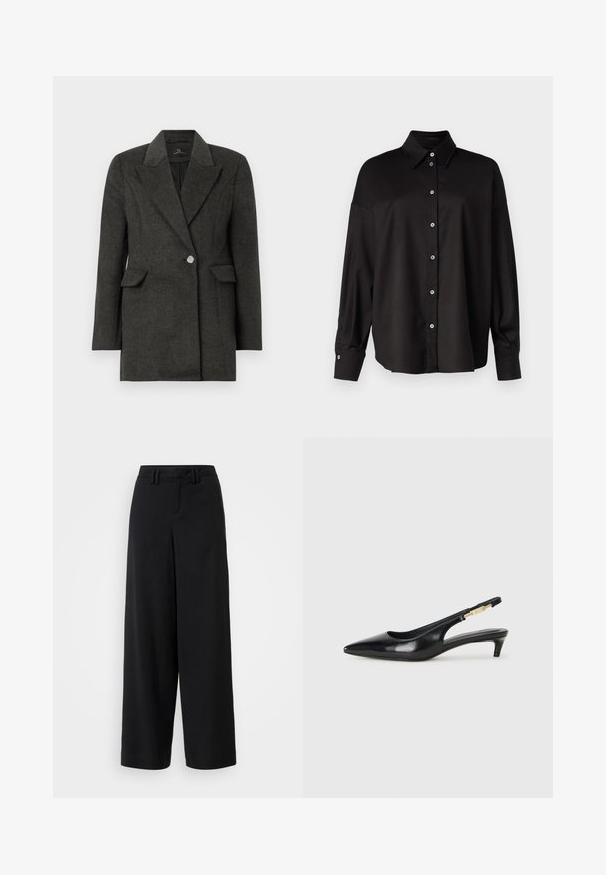 Blazer gris foncé à bouton unique avec larges revers et poches à rabat, coupe ajustée et manches longues sur un fond blanc uni.; DRYKORN LYSILA - Chemisier - black; Pantalons large en noir en tissu lisse, avec une taille plate, des détails plissés et des passants de ceinture à la taille.; Talons hauts en cuir noir avec un bout pointu, dotés d'un talon fin et d'un accent en ton or sur la lanière réglable. Texture lisse.