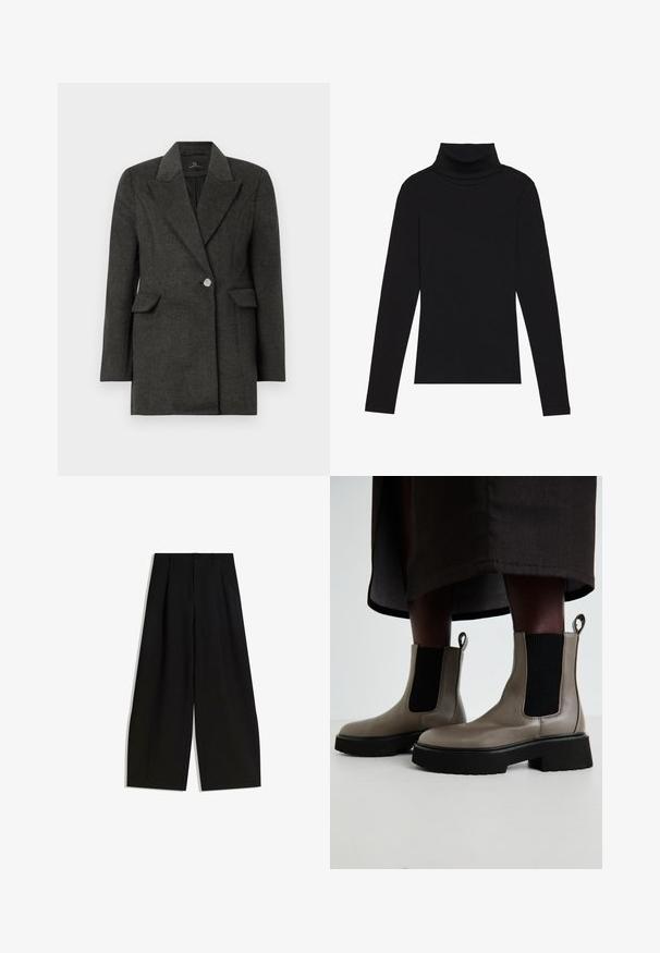 Donkergrijze blazer met één knoop, brede revers en klepzakken, afgestemde pasvorm en lange mouwen op een egale witte achtergrond.; Zwarte turtleneck met lange mouwen, gemaakt van ribbelstof, heeft een aansluitend ontwerp met een hoge hals en geen patronen of accenten.; Zwarte wijde pijpen broek van gladde stof, met een hoge taille, plooien aan de voorkant en geen zichtbare versieringen of patronen.; Grijze enkelbotten van gestructureerd leer met elastische zijpanelen en een stevige zwarte zool. Voorzien van trekpanelen voor gemakkelijk aan- en uittrekken.