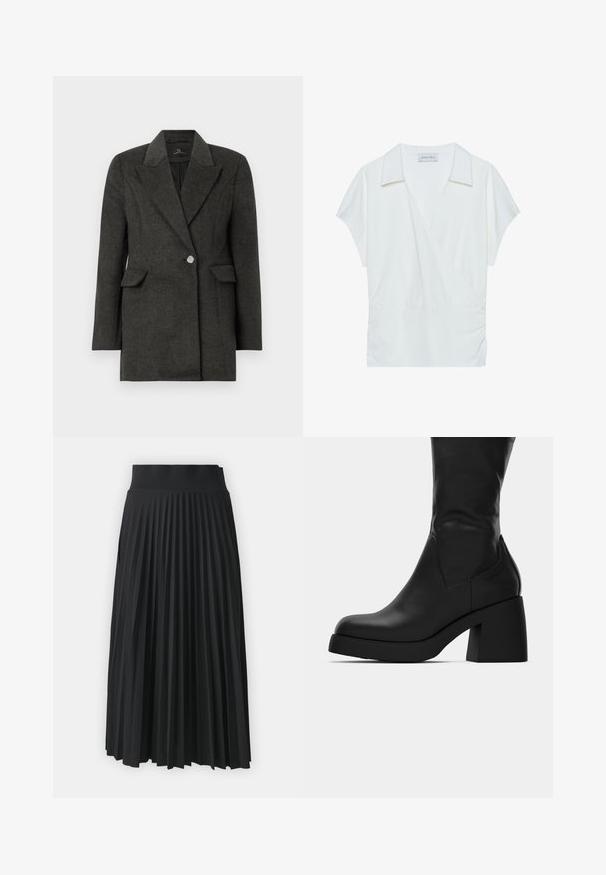 Tummanharmaa yksinappinen bleiseri, jossa on leveät kaulukset ja läppätaskut, muotonsa mukauttava malli ja pitkät hihat, valkoisella taustalla.; Valkoinen kauluspaita, joka on valmistettu sileästä kankaasta. Siinä on lyhyet hihat ja kootut yksityiskohdat vyötäröllä, mikä luo rentoa istuvuutta.; Musta pleated-hame leveällä vyötärönauha, jossa on tasaisia pystysuuntaisia poimuja. Sileä tekstuuri ja virtaava muotoilu.; Musta nahkasaapas nilkkapituudella, jossa on paksu lohkare-korko ja pyöristetty kärki, esitetty sivuprofiilissa valkoista taustaa vasten.