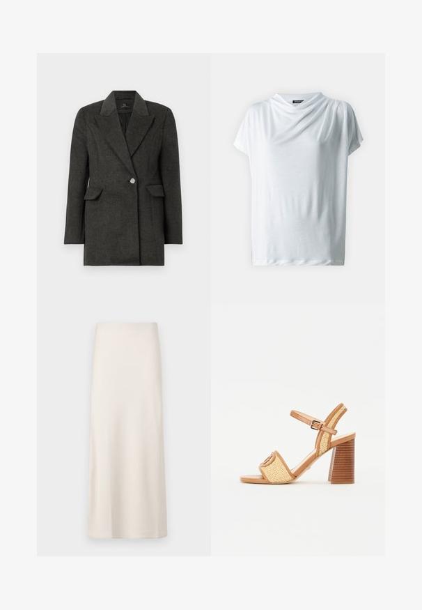 Blazer de un botón en gris oscuro con solapas anchas y bolsillos con solapa, ajuste entallado y mangas largas sobre un fondo blanco liso.; Top blanco de manga corta con escote drapeado, hecho de tela ligera. Textura suave, corte relajado y sin patrones ni acentos visibles.; Falda midi de color crema, con una textura suave y satinada y un corte recto. Sin patrones ni adornos visibles.; Sandalias de tacón de cuero marrón y paja trenzada, con una correa en el tobillo, punta abierta y un tacón grueso parecido a la madera con rayas horizontales.