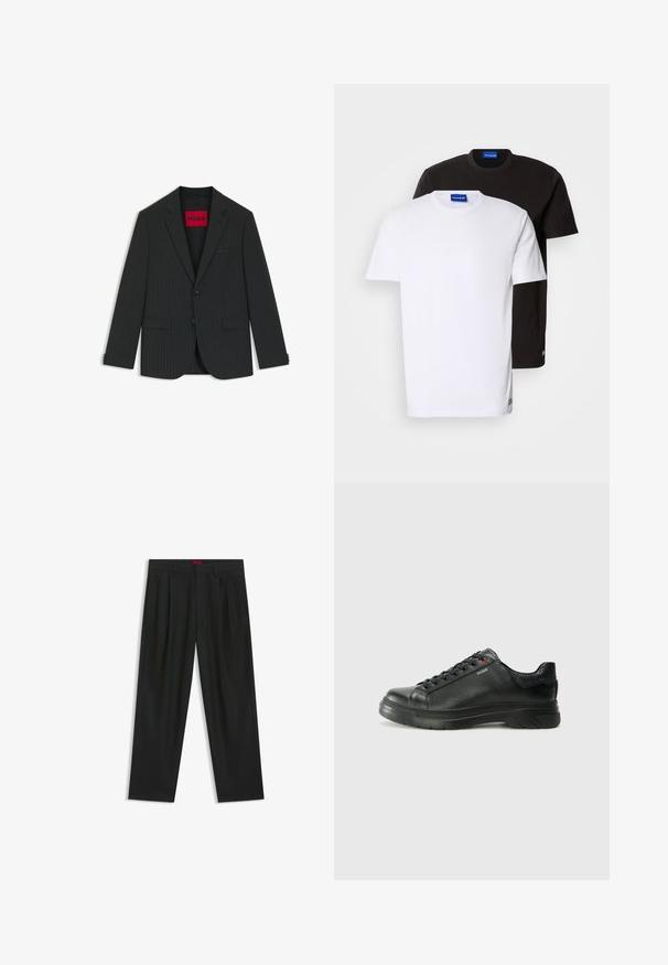 Czarna marynarka w prążki z zapięciem na jeden guzik, klapami w kształcie litery notch, dwoma przednimi kieszeniami oraz czerwoną metką HUGO w środku.; Dwie koszulki T-shirt ułożone jedna na drugiej: jedna biała, druga czarna. Krótkie rękawy, okrągłe dekolty, materiał bawełniany. Posiadają małe niebieskie logo przy dekolcie.; Czarne spodnie o plisowanym wzorze, szerokim kroju nogawek i gładkiej fakturze. Posiadają czerwony metek w pasie.; Czarne skórzane sneakersy z teksturowaną cholewką, miękkim kołnierzem i czerwonym logo. Posiadają grubą gumową podeszwę z wyraźnym wzorem bieżnika.