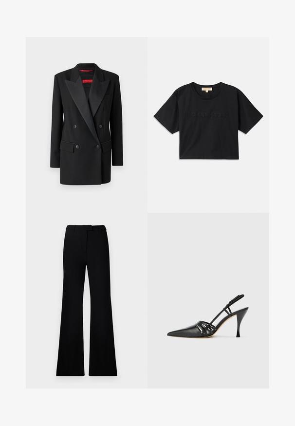 Crni duplobrst blazer od glatkog materijala s satenastim vrhom revera, dva prednja džepa i krojenim izgledom. Crvena etiketa brenda unutar. ; Crna kratka majica od pamuka. Ima okrugli izrez i kratke rukave. "MICHAEL KORS" izvezena u boji koja odgovara na prednjoj strani.; Crne široke hlače s glatkom teksturom, krojenim pojasom i prednjim džepovima, dizajnirane s elegantnim, modernim siluetom.; Crne kožne cipele na visokom potpeticu s otvorenim potpeticama, šiljastim prstom, dizajnom s križnim trakama i tankim štiklama. Glatka tekstura i minimalni akcenti.