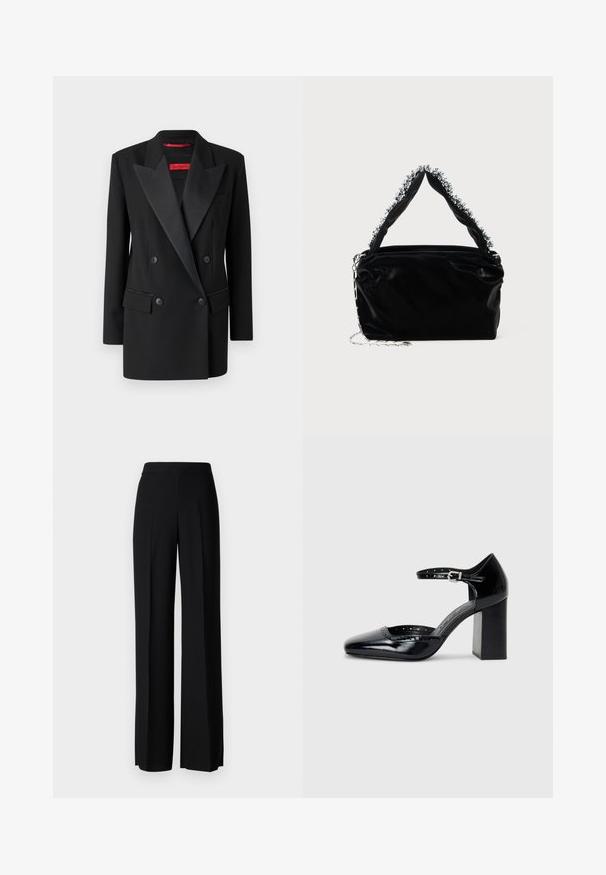 Mustmust jakk mustas, sujuvas kangas, satiinist nurgaga, kaks eesmist taskut ja täpselt istuv lõige. Siseosas punane brändi silt.; Valge kastikujuline T-särk lühikeste varrukatega. Valmistatud siledast kangast, millel on ümmargune kaelus ja diskreetne õlavarre aktsent. Lihtne disain.; Mustad laiad püksid mustas värvitoonis, sujuva tekstuuri ja kõrge vöökoha ning keskmiste voldikutega. Ilma nähtavate mustrite või tarvikute detailideta.; Mustad lakknahk kingad kõrge kontsaga, ruudukujulise varbaga, pahkluu rihmaga ja paksu kontsaga. Sisaldab perforatsioonidega detaile ääres.; Must mustrepp nahkakäekott, millel on tekstuuriga viimistlus, esitades pehme hõbedase aktsendi pealt käepideme juures ja kettainet.
