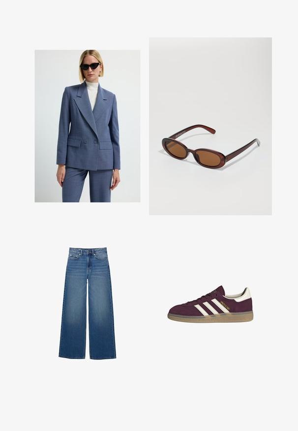 Dubbelt knäppt kavaj i ljusblå rutigt tyg, med spetsiga slag och två framfickor. Bärs med en krämfärgad polotröja under.; Burgundy långärmad topp med vita horisontella ränder. Har en rund halsringning och sidsprickor vid fållen för en avslappnad passform.; Vida jeans i denim med vida ben, hög midja, sydda detaljer och en enkel design med en lätt blekningseffekt.; Mörk röd mockaskor med vita tre ränder och beige detaljer. Har en strukturerad gummisula och guldbranding på sidan.; Runda, bruntonade solglasögon med en glansig bordeauxfärgad ram. Smala bågar med subtilt varumärkesdetalj. Platt linsdesign.; Brun vävd läderhandväska med en slapp, triangulär form. Har ett flätat handtag och en dragkedjestängning längs toppen.