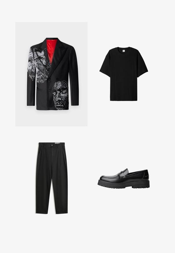 Kidsuper Blazer jacket - black; Black ribbed short-sleeve t-shirt with a round neck, featuring a relaxed fit and textured surface. Simple design; no graphics or accents.; Black cotton trousers with a relaxed fit, featuring a classic waistband, front pleats, and side pockets. Smooth texture without patterns.; Black leather loafer with chunky treaded sole and decorative strap across the upper, shown in left side profile on white background.