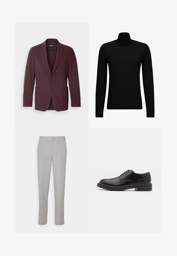 Blazer bordô com lapelas de notches, duas bolsos frontais e fecho de botão; feito de um tecido suave para um ajuste sob medida.; Pulôver de gola alta preto, feito de material suave, com mangas longas e ajuste justo. Acabamento canelado na barra e punhos. Design simples.; Calças cinza claro com uma textura suave, frente lisa e pernas rectas. Feitas de um tecido respirável, com bolsos internos e passantes para cinto.; Sapatilha preta em couro, com atilhos, ponta arredondada, textura suave, costura mínima e um salto baixo em borracha. Logotipo no calcanhar.